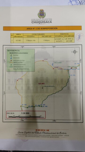 ¿Cuánto de superficie y qué comunidades de Incahuasi y Culpina están en conflicto por límites?